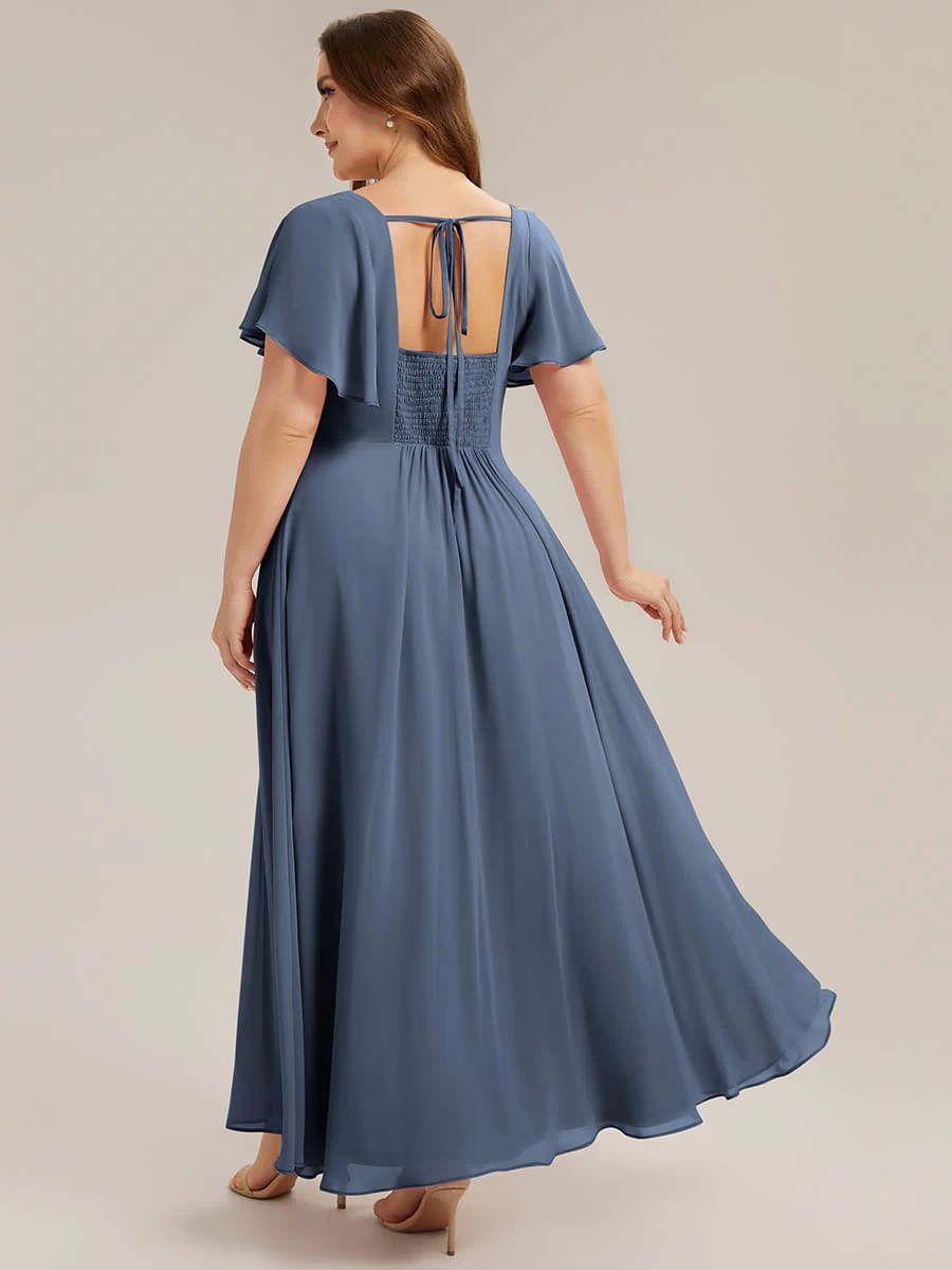 Ruched Chiffon Ruffle Sleeve Dress #color_Dusty Blue