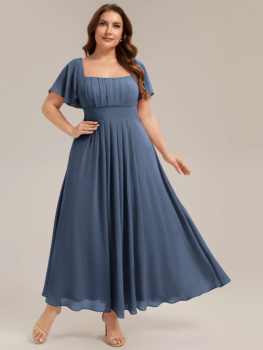 Ruched Chiffon Ruffle Sleeve Dress #color_Dusty Blue