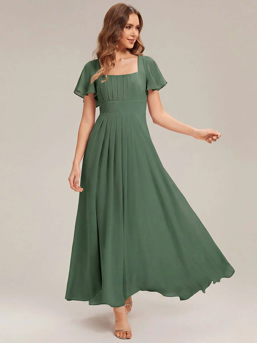 Ruched Chiffon Ruffle Sleeve Dress #color_Eucalyptus Green