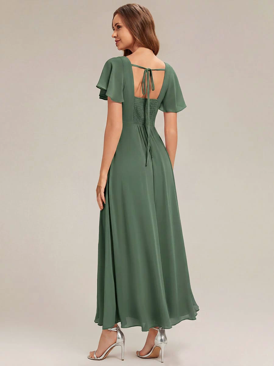 Ruched Chiffon Ruffle Sleeve Dress #color_Eucalyptus Green