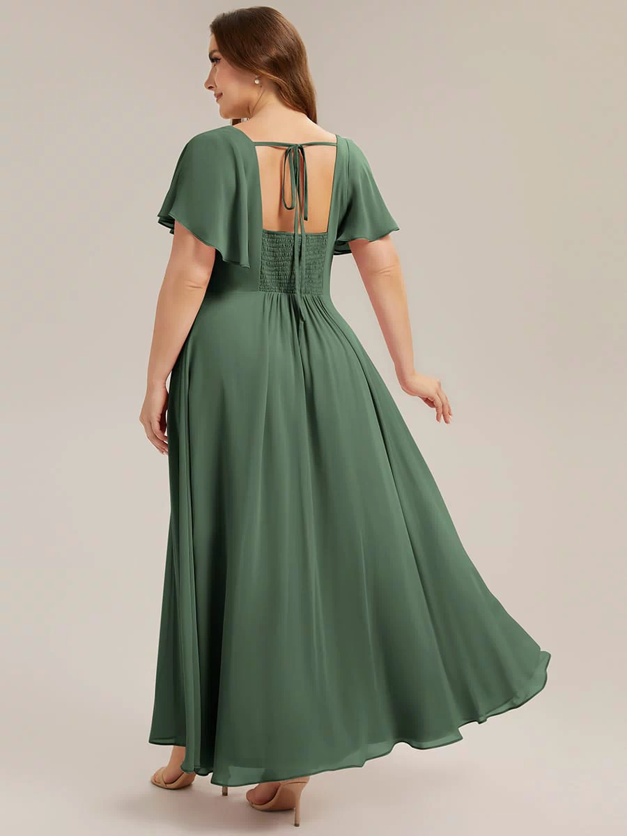 Ruched Chiffon Ruffle Sleeve Dress #color_Eucalyptus Green
