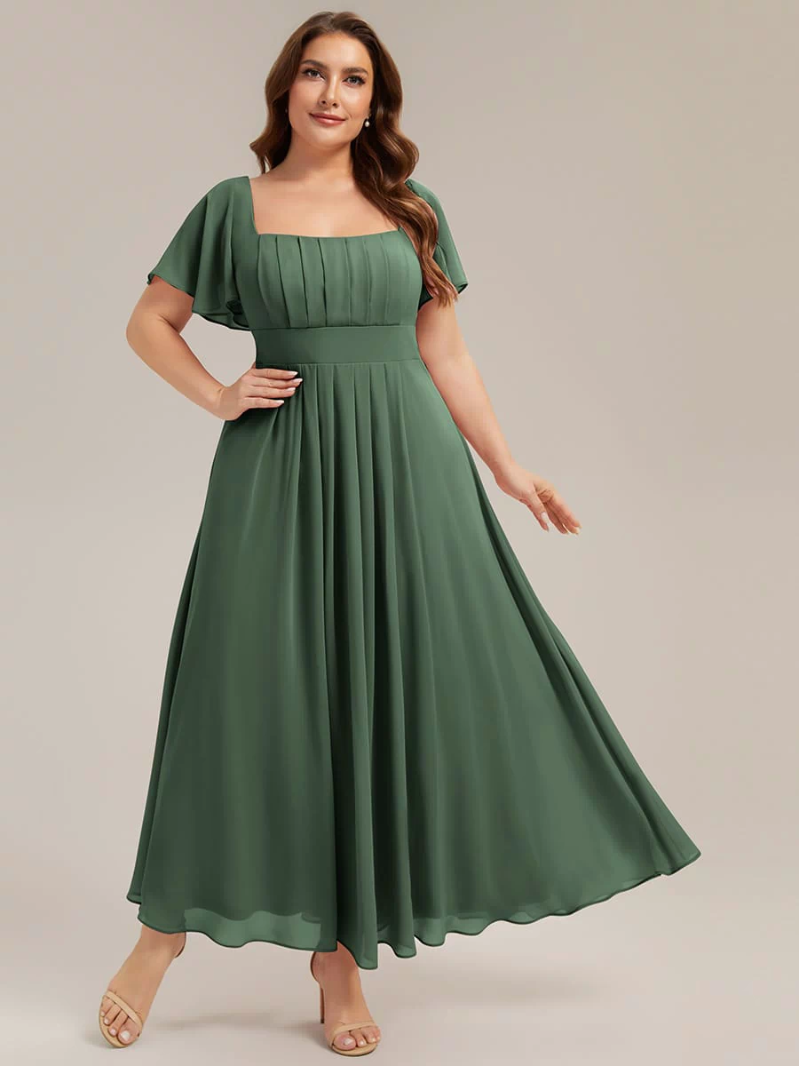 Ruched Chiffon Ruffle Sleeve Dress #color_Eucalyptus Green