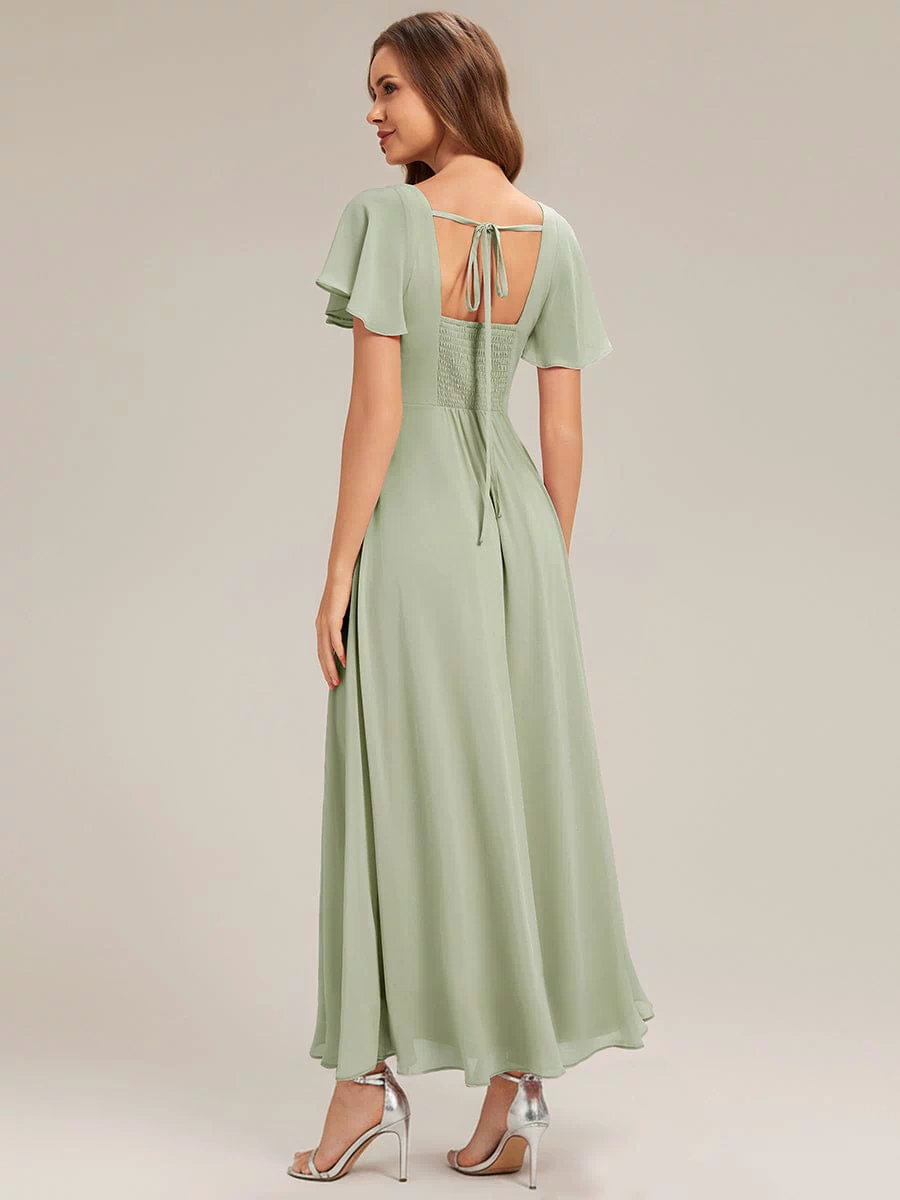 Ruched Chiffon Ruffle Sleeve Dress #color_Mint Green