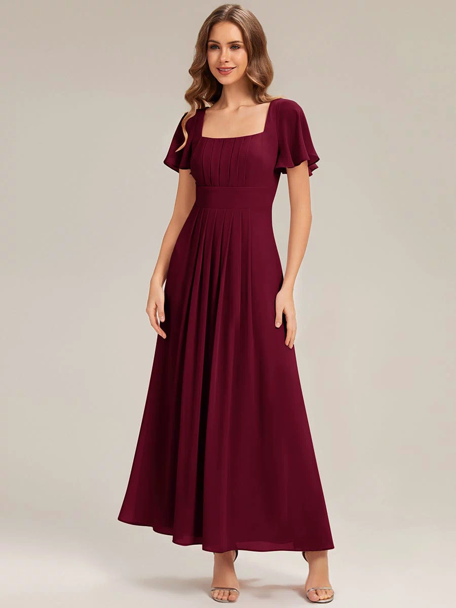Ruched Chiffon Ruffle Sleeve Dress #color_Burgundy