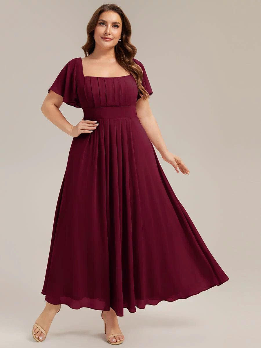 Ruched Chiffon Ruffle Sleeve Dress #color_Burgundy