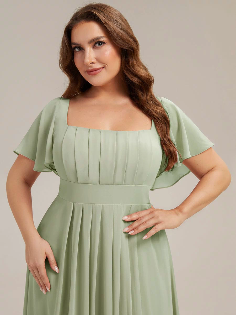 Ruched Chiffon Ruffle Sleeve Dress #color_Mint Green