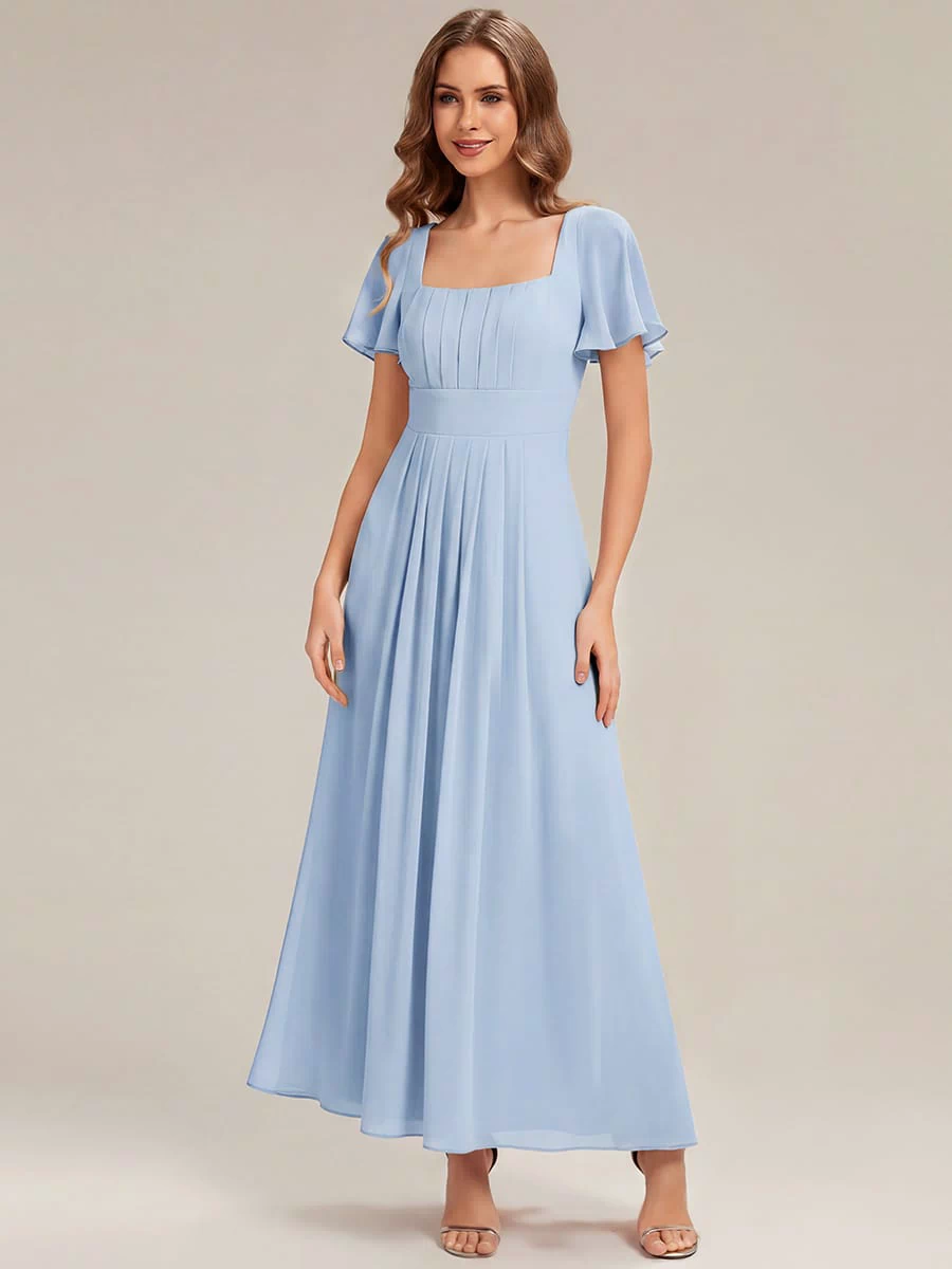 Ruched Chiffon Ruffle Sleeve Dress #color_Ice Blue