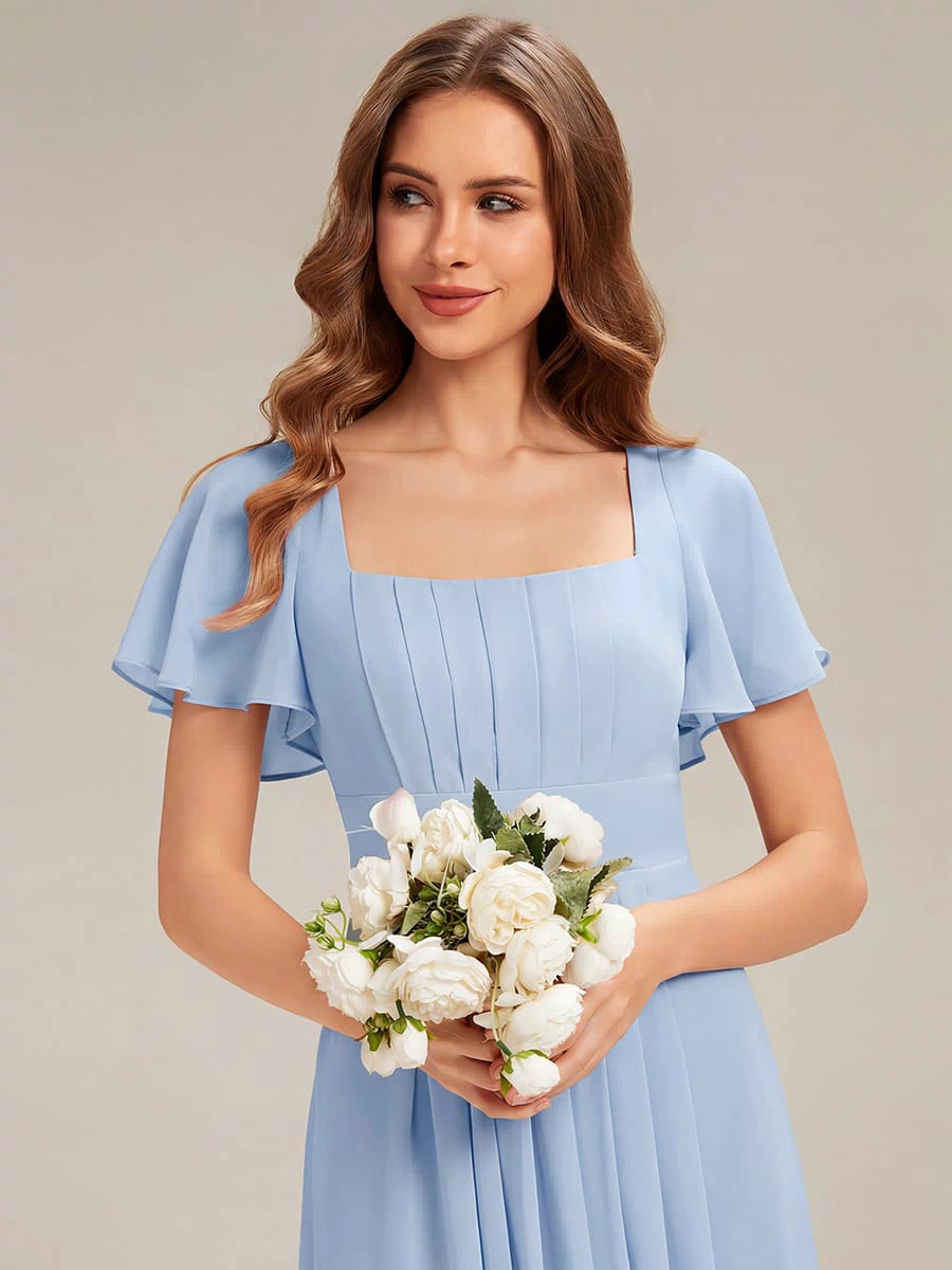 Ruched Chiffon Ruffle Sleeve Dress #color_Ice Blue