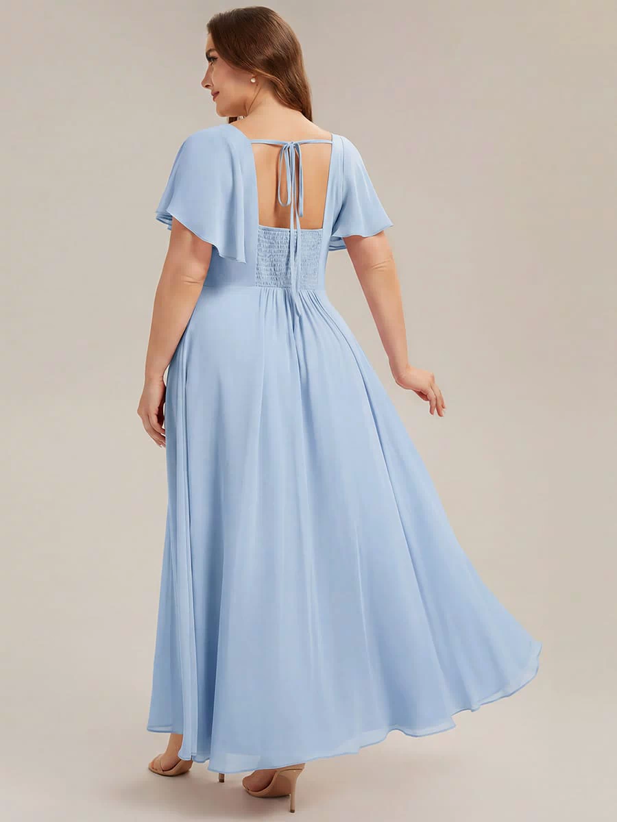 Ruched Chiffon Ruffle Sleeve Dress #color_Ice Blue