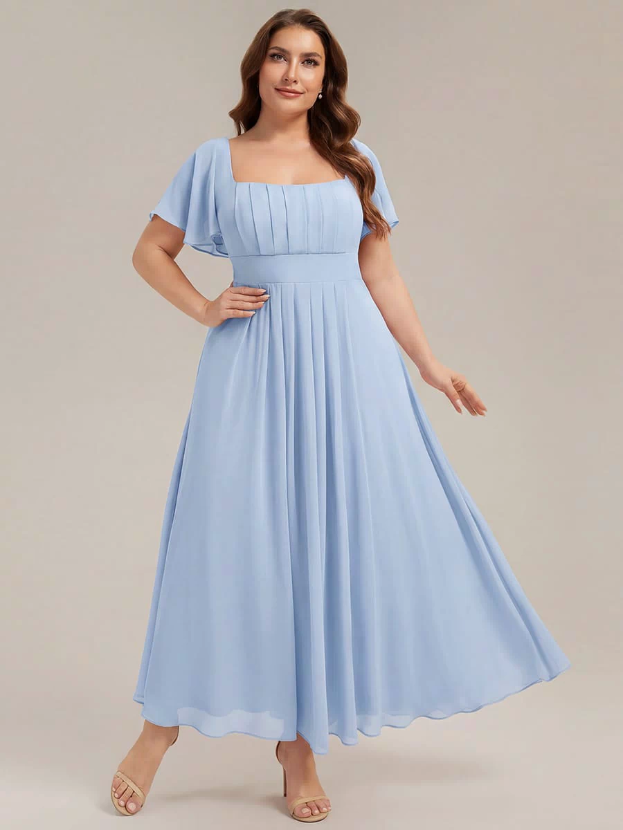 Ruched Chiffon Ruffle Sleeve Dress #color_Ice Blue