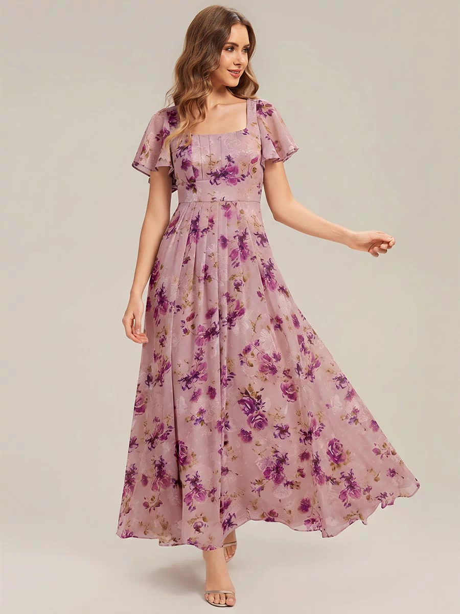 Ruched Chiffon Ruffle Sleeve Dress #color_Light Purple Print
