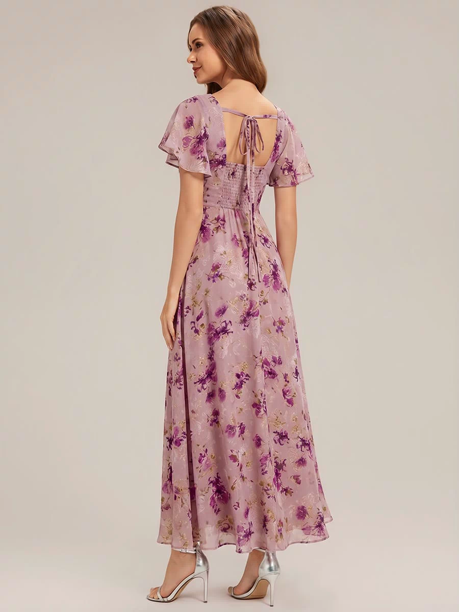 Ruched Chiffon Ruffle Sleeve Dress #color_Light Purple Print