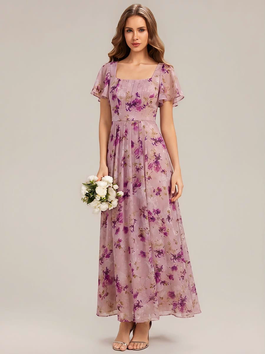 Ruched Chiffon Ruffle Sleeve Dress #color_Light Purple Print