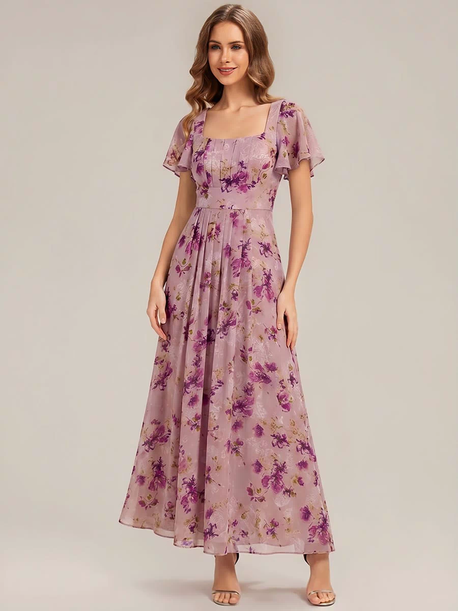 Ruched Chiffon Ruffle Sleeve Dress #color_Light Purple Print