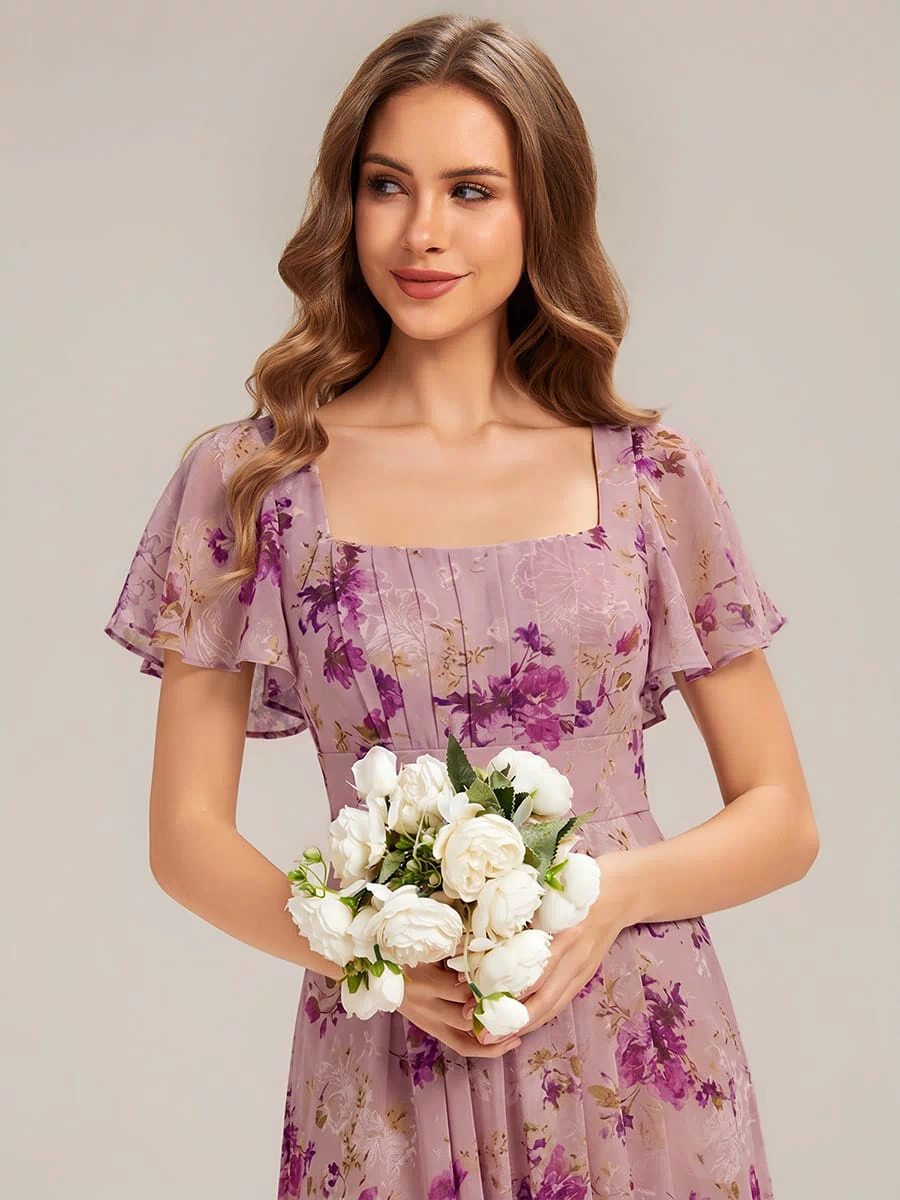 Ruched Chiffon Ruffle Sleeve Dress #color_Light Purple Print