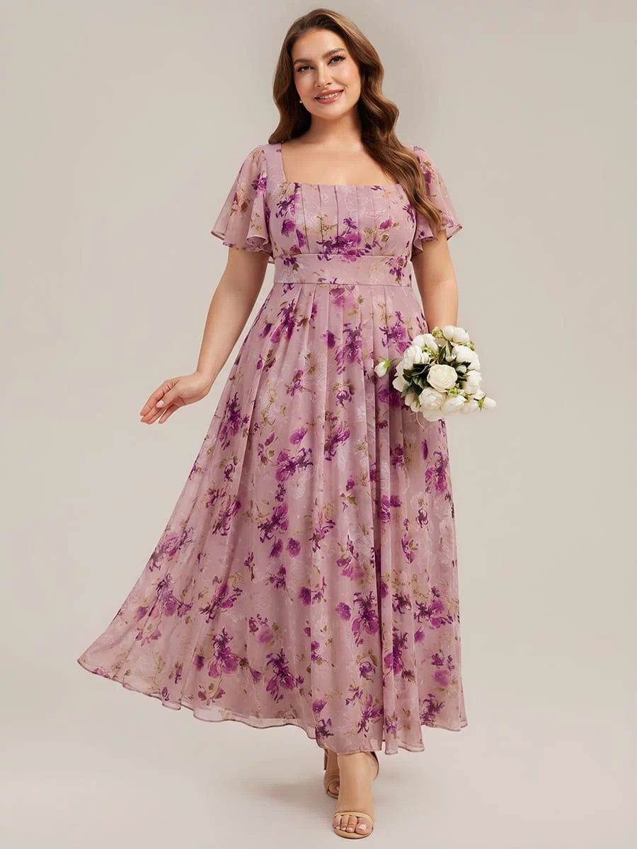 Ruched Chiffon Ruffle Sleeve Dress #color_Light Purple Print