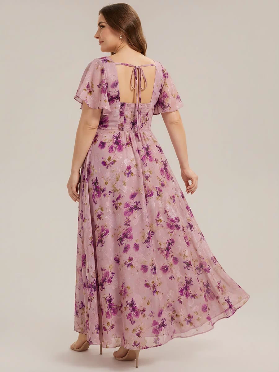 Ruched Chiffon Ruffle Sleeve Dress #color_Light Purple Print