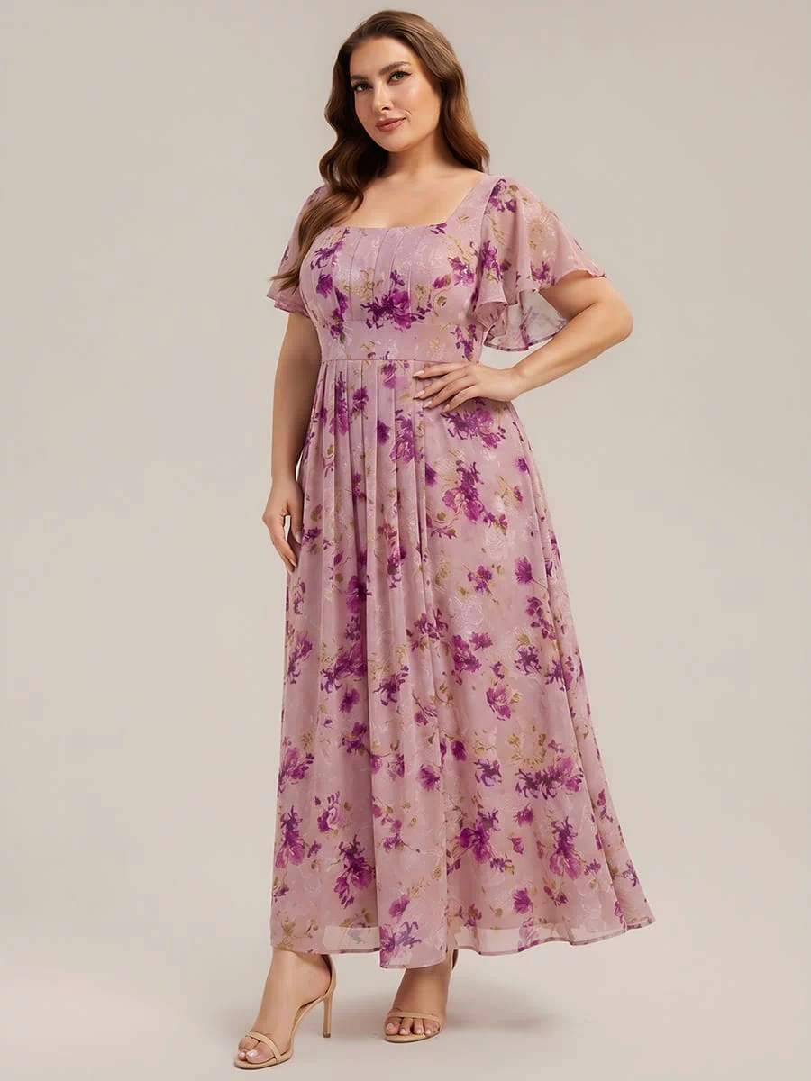 Ruched Chiffon Ruffle Sleeve Dress #color_Light Purple Print