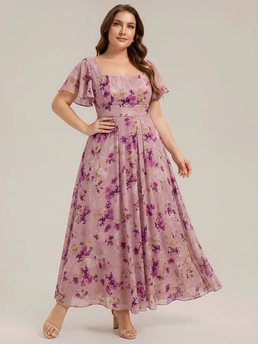 Ruched Chiffon Ruffle Sleeve Dress #color_Light Purple Print
