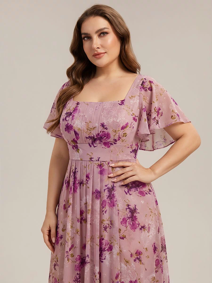 Ruched Chiffon Ruffle Sleeve Dress #color_Light Purple Print
