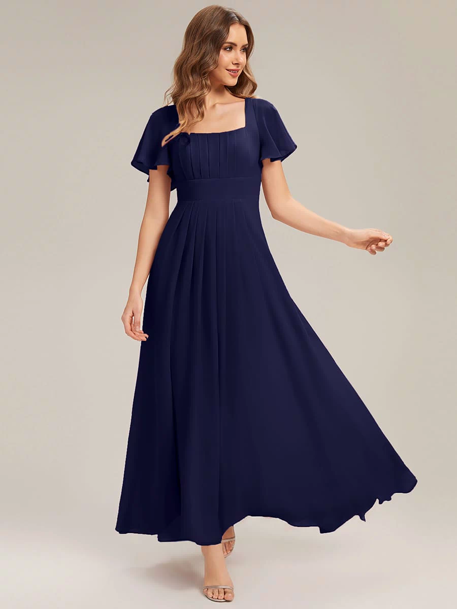 Ruched Chiffon Ruffle Sleeve Dress #color_Navy Blue