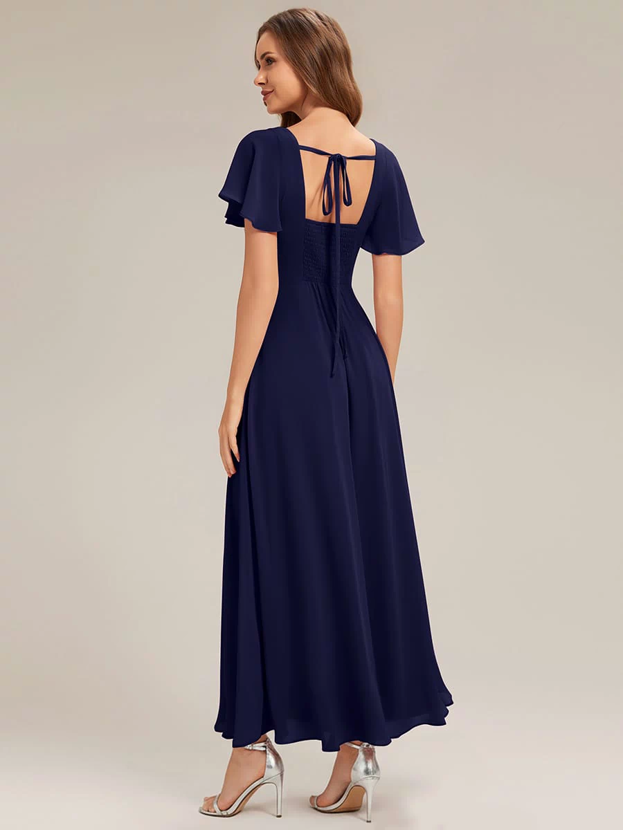Ruched Chiffon Ruffle Sleeve Dress #color_Navy Blue