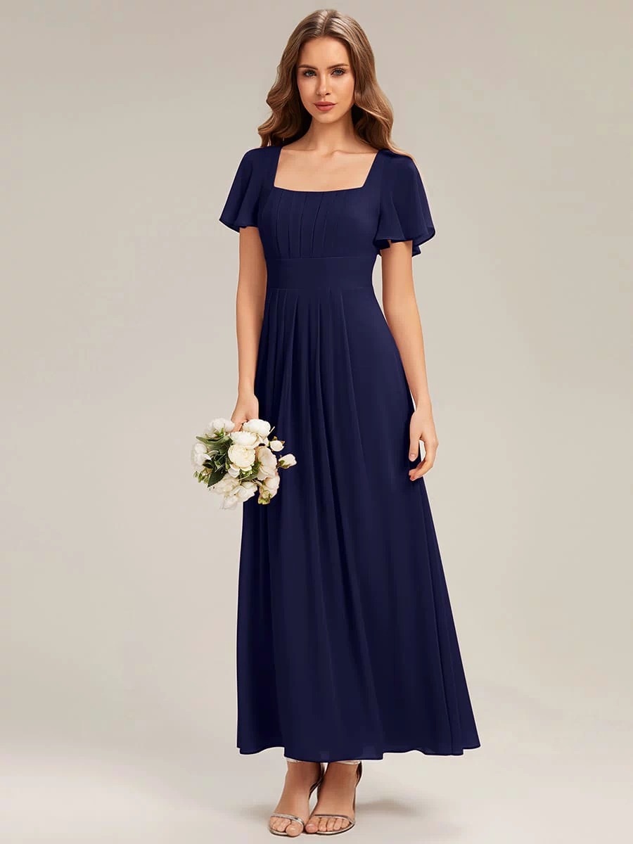 Ruched Chiffon Ruffle Sleeve Dress #color_Navy Blue