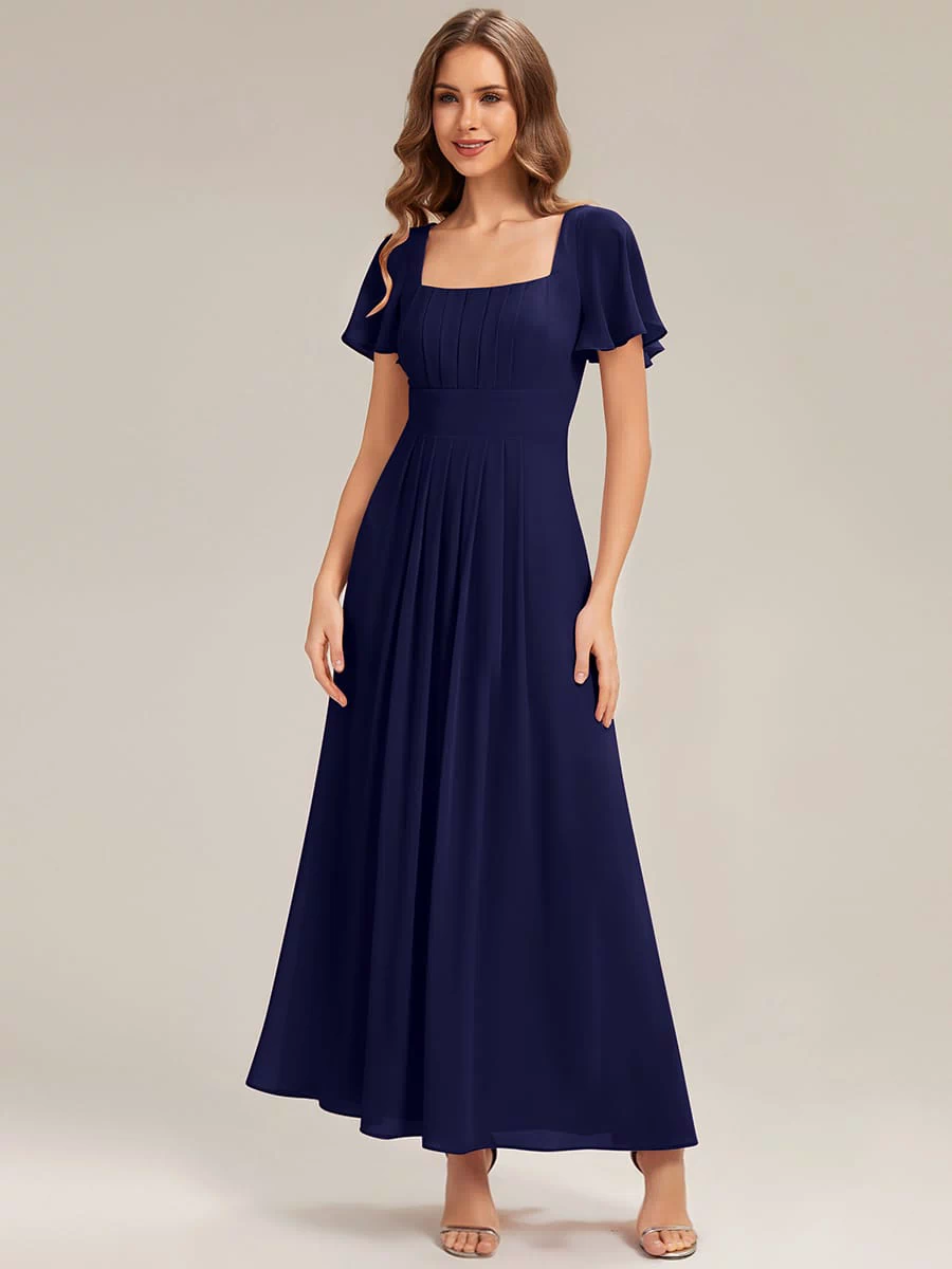 Ruched Chiffon Ruffle Sleeve Dress #color_Navy Blue
