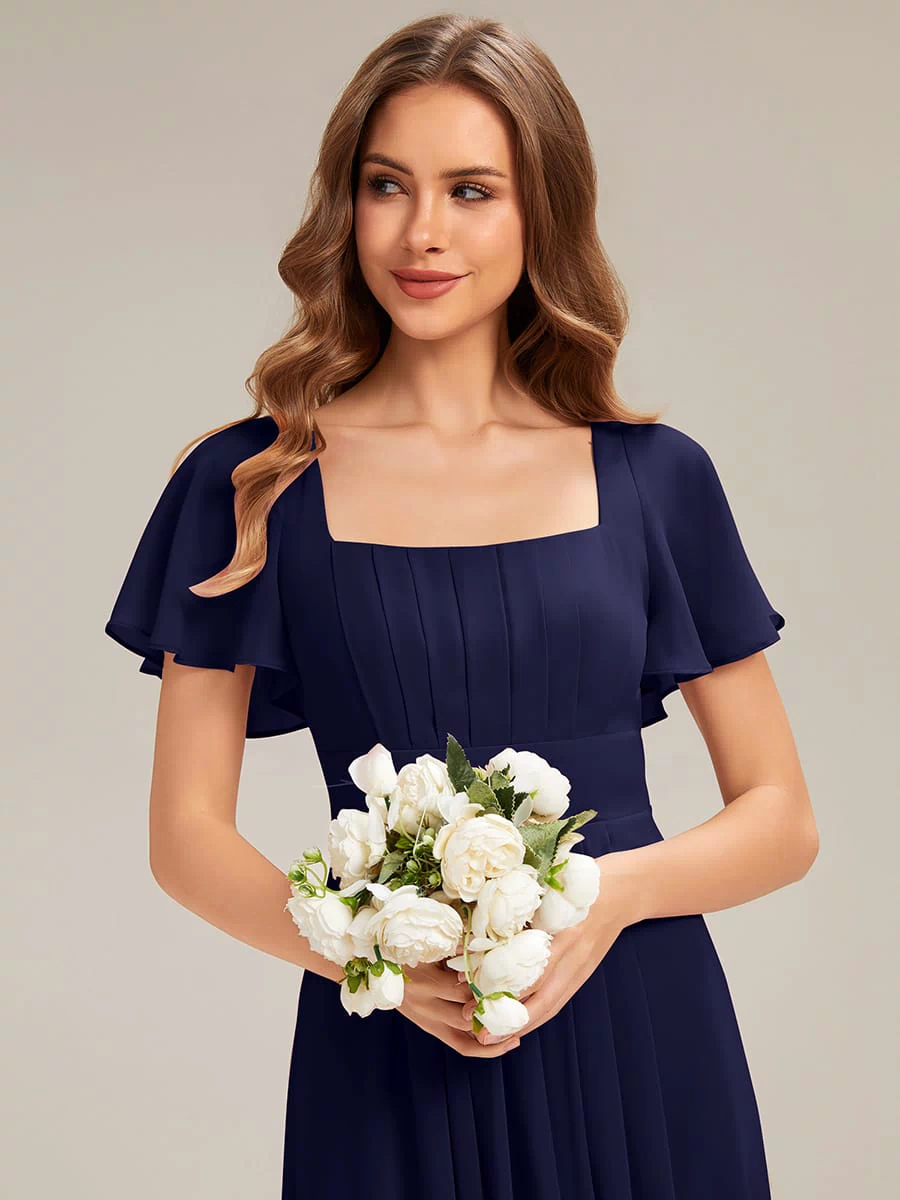 Ruched Chiffon Ruffle Sleeve Dress #color_Navy Blue