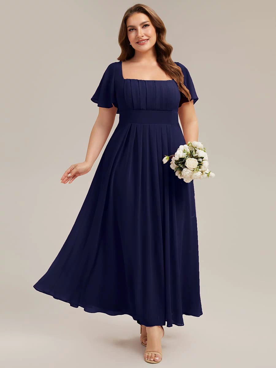 Ruched Chiffon Ruffle Sleeve Dress #color_Navy Blue