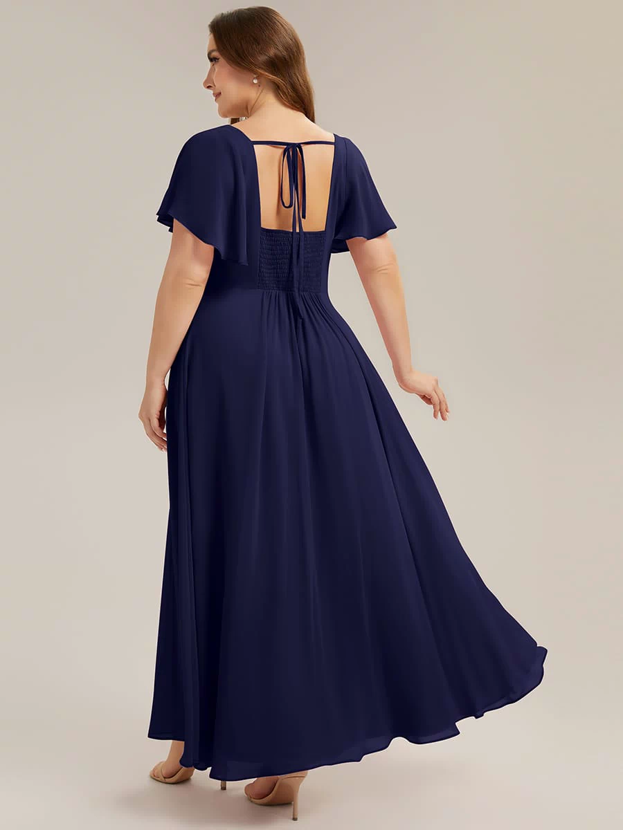 Ruched Chiffon Ruffle Sleeve Dress #color_Navy Blue