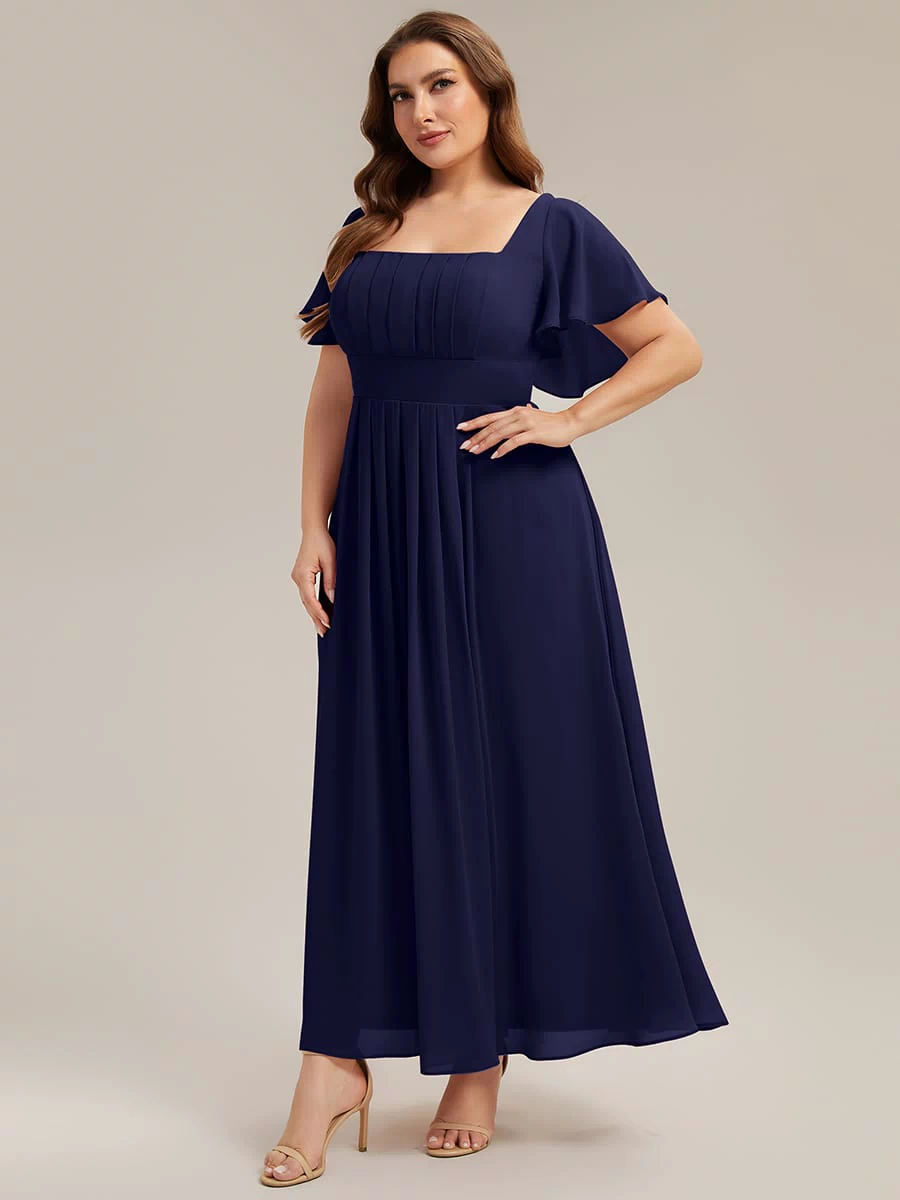 Ruched Chiffon Ruffle Sleeve Dress #color_Navy Blue