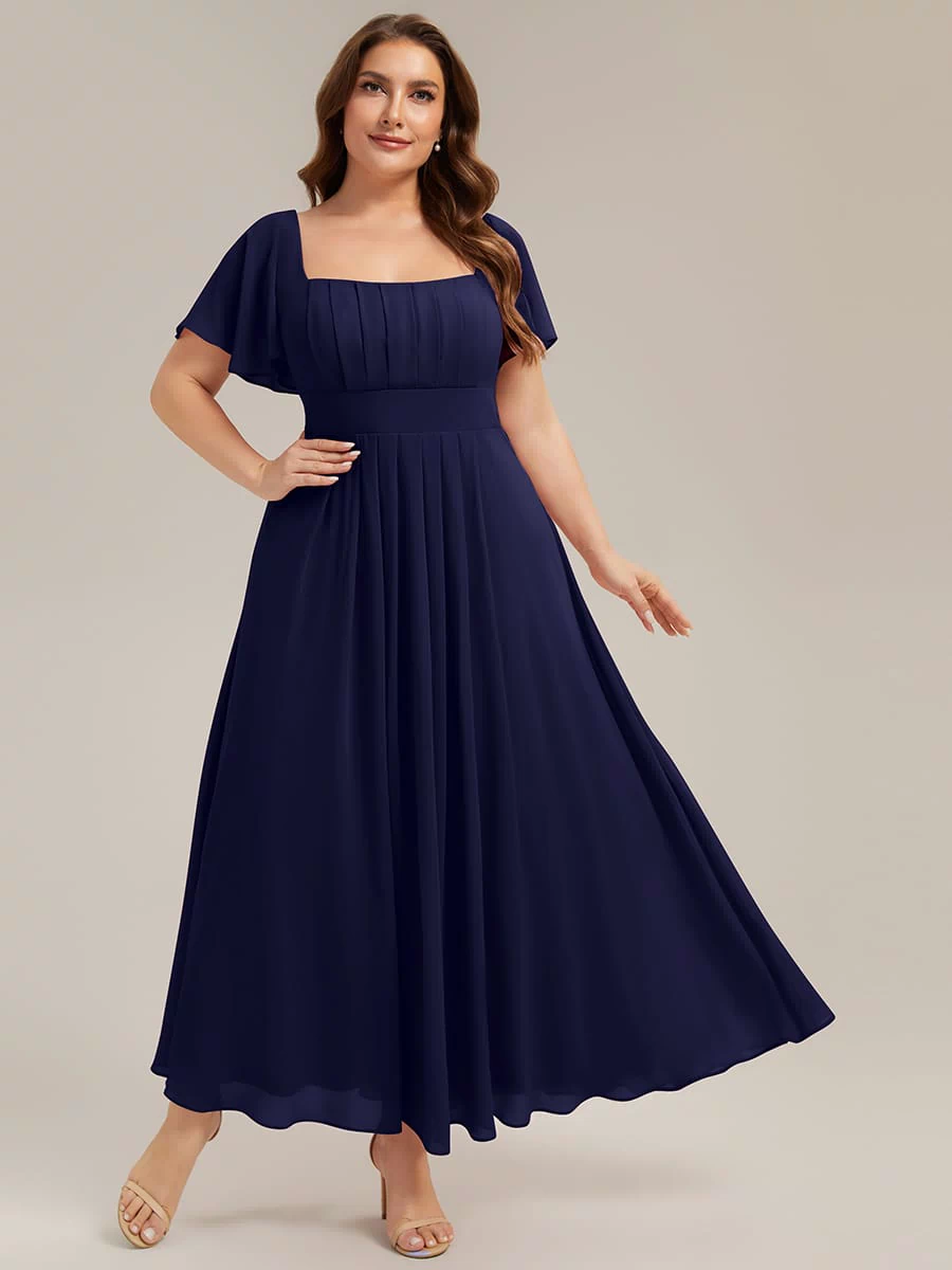 Ruched Chiffon Ruffle Sleeve Dress #color_Navy Blue