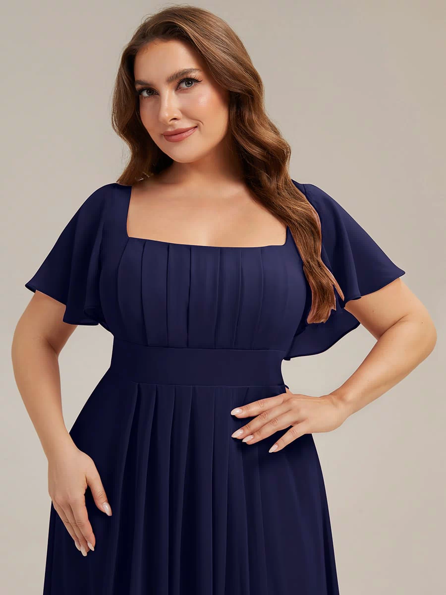 Ruched Chiffon Ruffle Sleeve Dress #color_Navy Blue