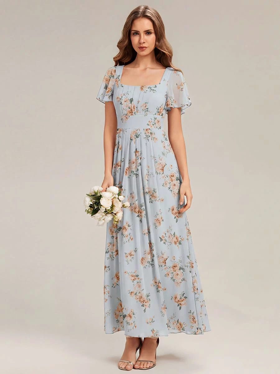 Ruched Chiffon Ruffle Sleeve Dress #color_Amber Bloom
