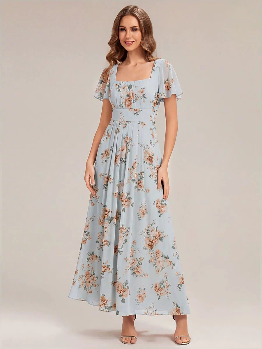 Ruched Chiffon Ruffle Sleeve Dress #color_Amber Bloom