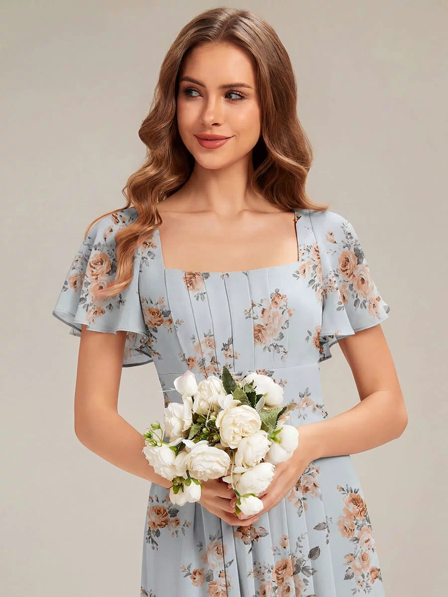 Ruched Chiffon Ruffle Sleeve Dress #color_Amber Bloom