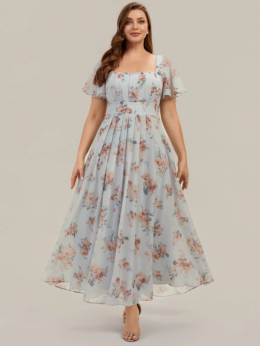 Ruched Chiffon Ruffle Sleeve Dress #color_Amber Bloom