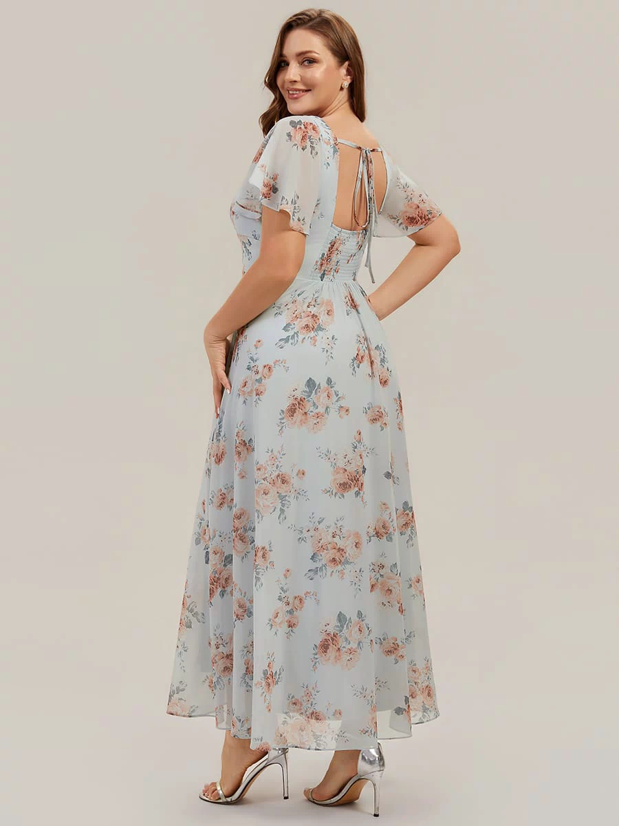 Ruched Chiffon Ruffle Sleeve Dress #color_Amber Bloom