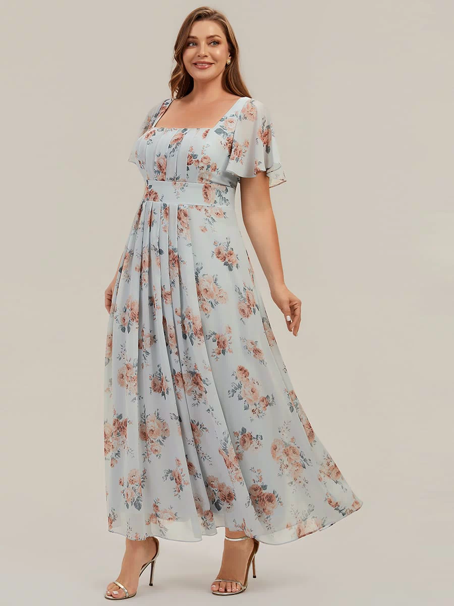 Ruched Chiffon Ruffle Sleeve Dress #color_Amber Bloom