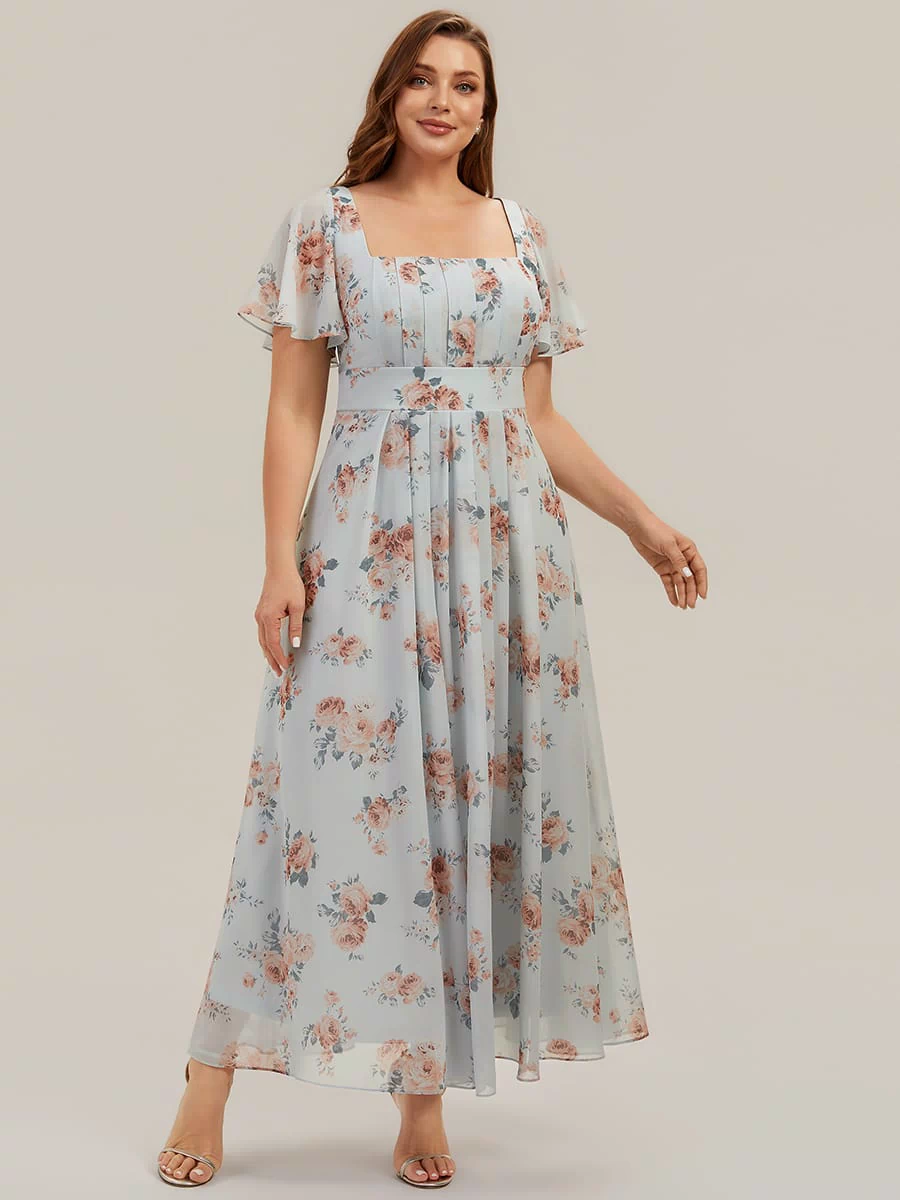 Ruched Chiffon Ruffle Sleeve Dress #color_Amber Bloom