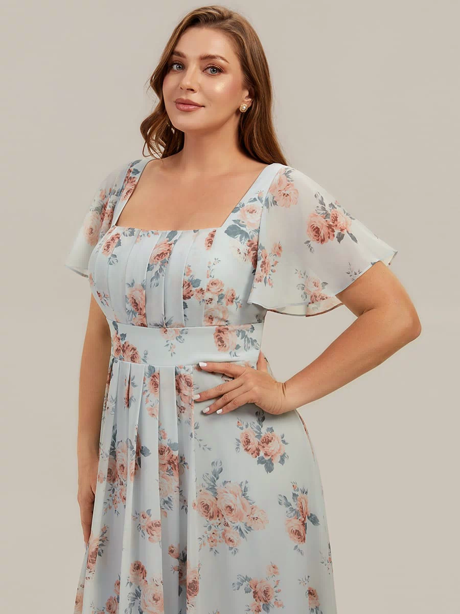 Ruched Chiffon Ruffle Sleeve Dress #color_Amber Bloom