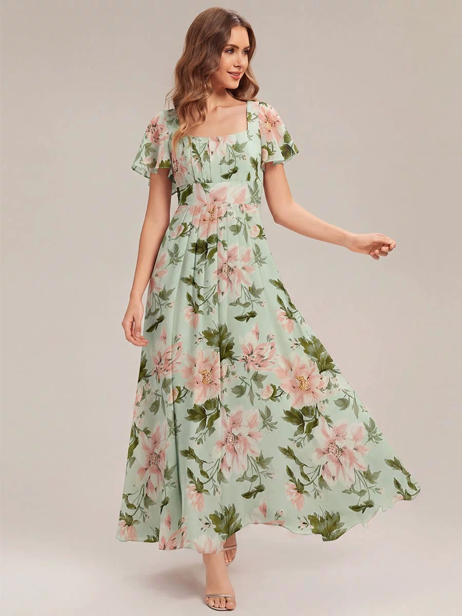 Ruched Chiffon Ruffle Sleeve Dress #color_Light Green Floral