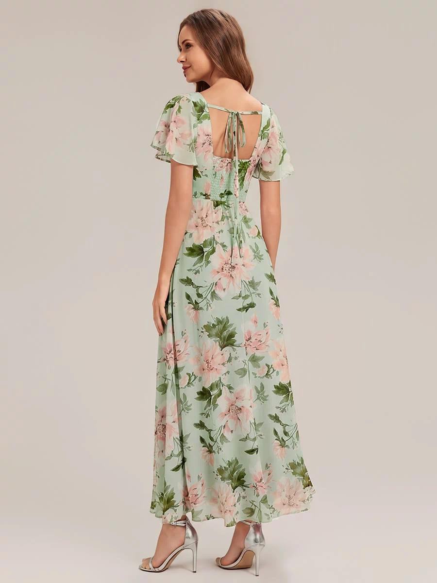 Ruched Chiffon Ruffle Sleeve Dress #color_Light Green Floral