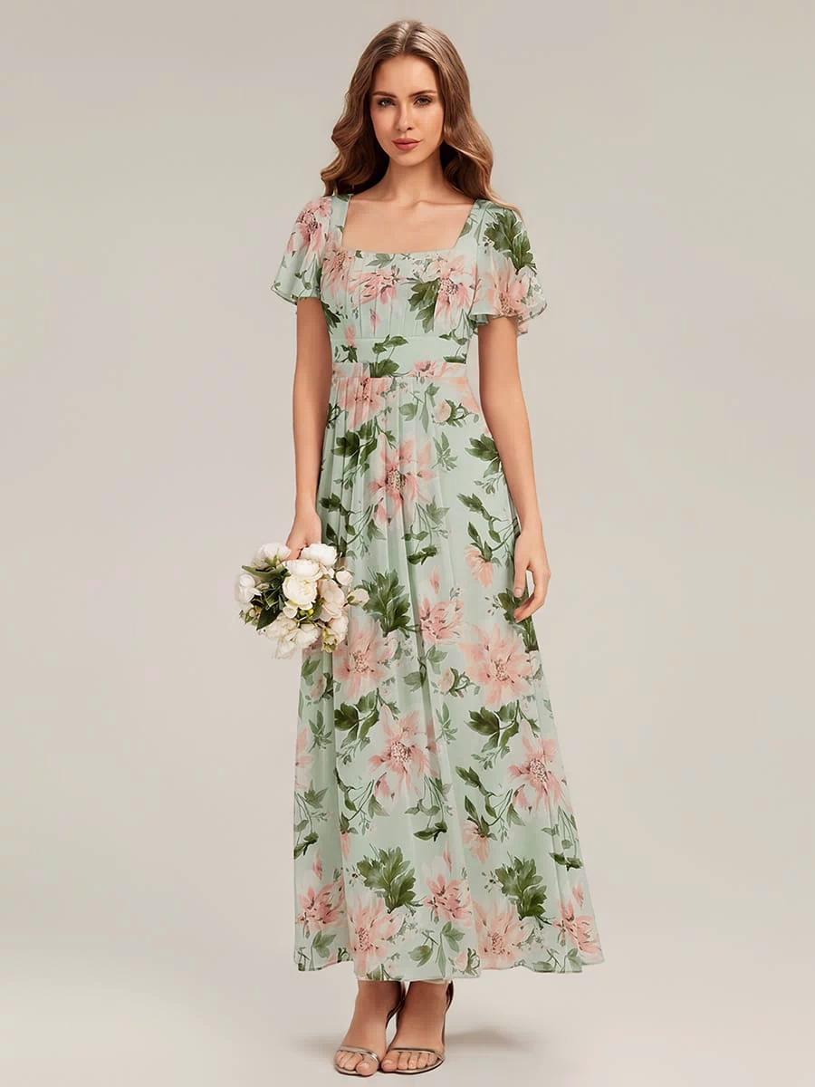 Ruched Chiffon Ruffle Sleeve Dress #color_Light Green Floral