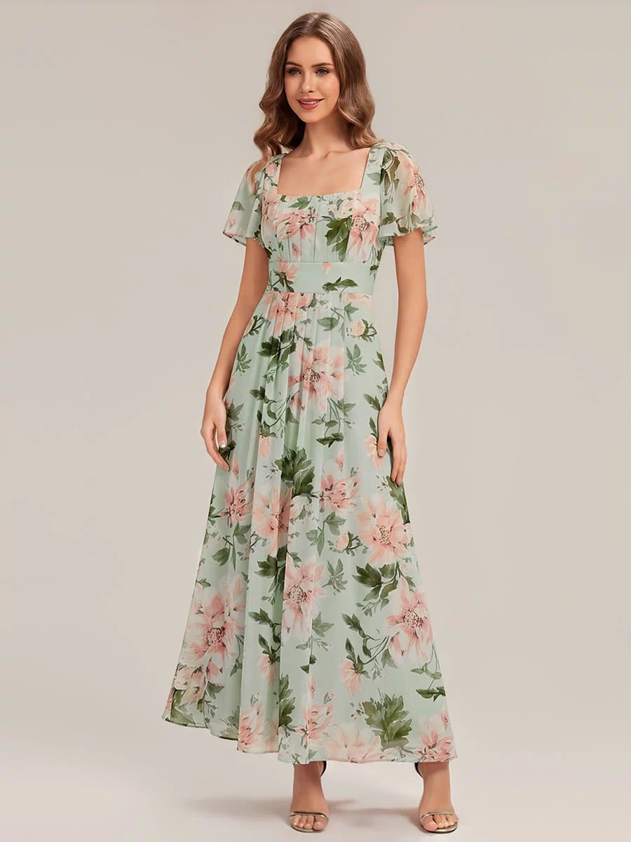 Ruched Chiffon Ruffle Sleeve Dress #color_Light Green Floral