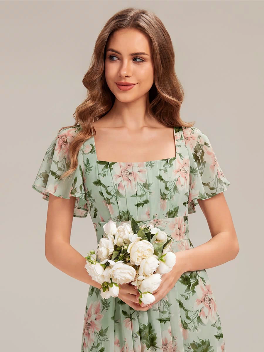 Ruched Chiffon Ruffle Sleeve Dress #color_Light Green Floral