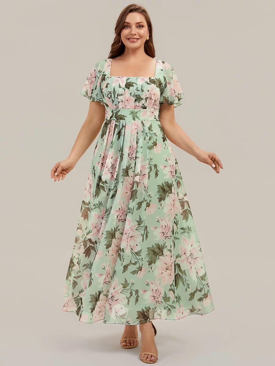 Ruched Chiffon Ruffle Sleeve Dress #color_Light Green Floral