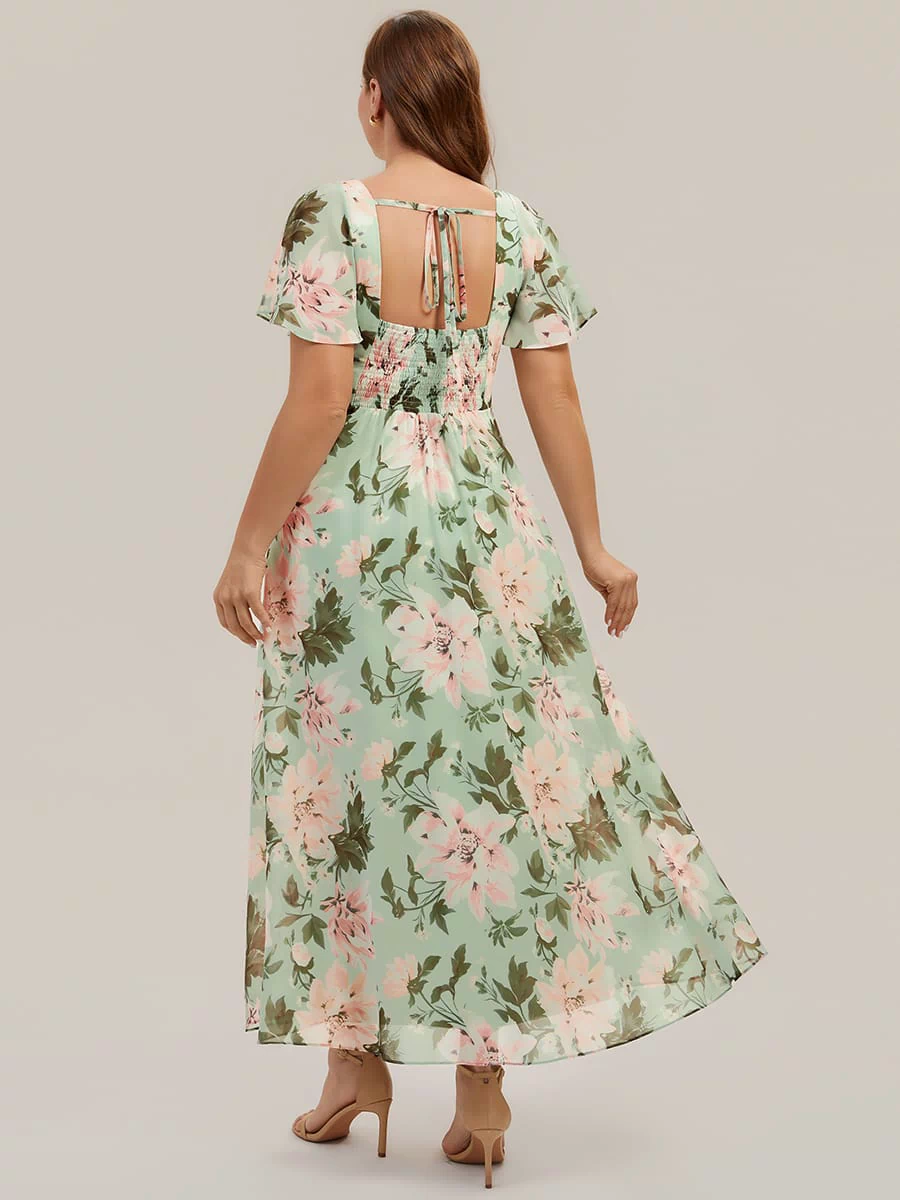 Ruched Chiffon Ruffle Sleeve Dress #color_Light Green Floral
