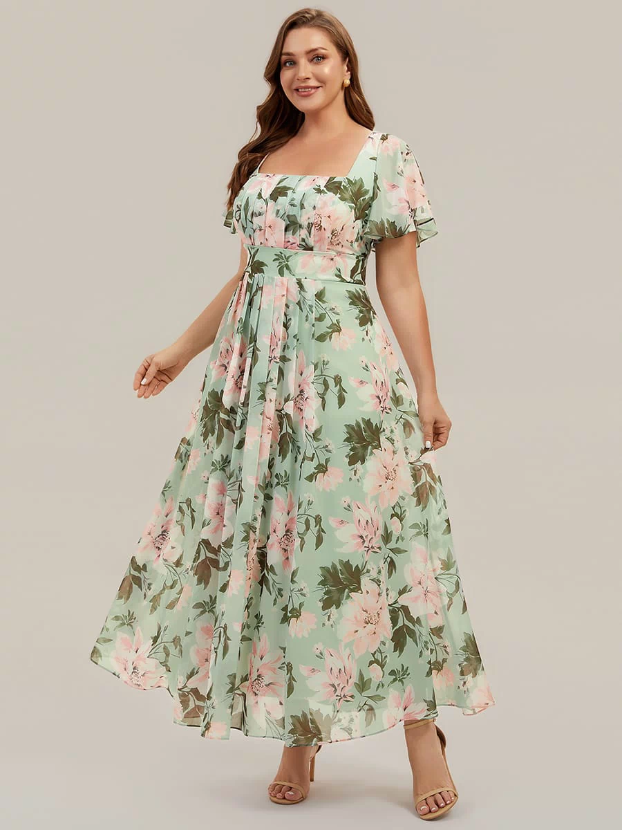 Ruched Chiffon Ruffle Sleeve Dress #color_Light Green Floral